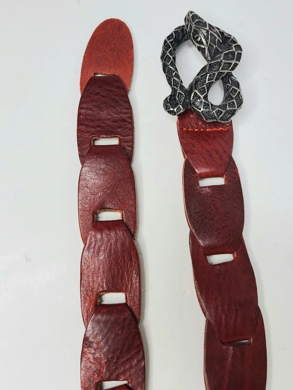 Snake Buckle Dark Red Open Work Strap Genuine Leather Vintage Belt